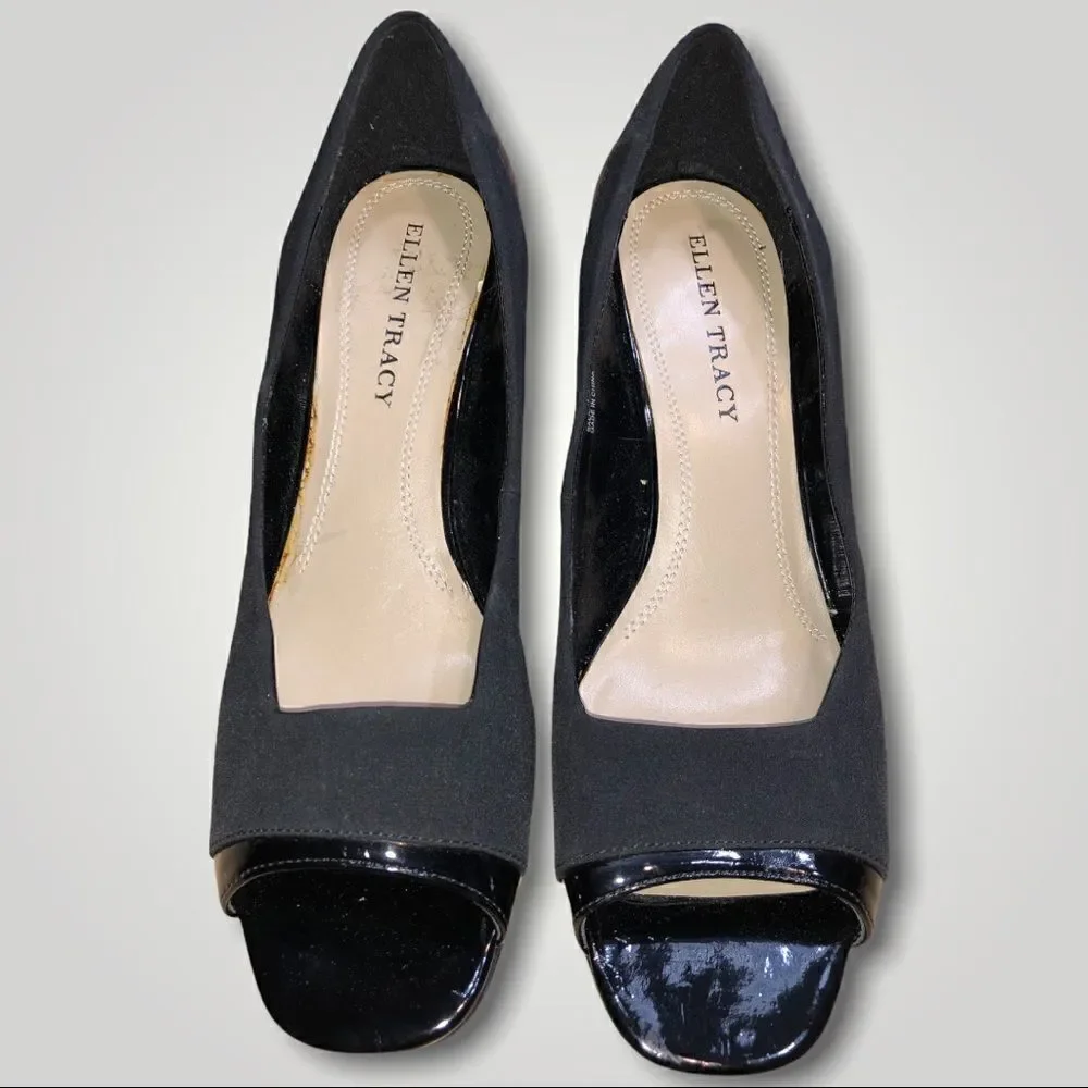 ELLEN TRACY Black Wedge Patent Suede ET Pacer Peep